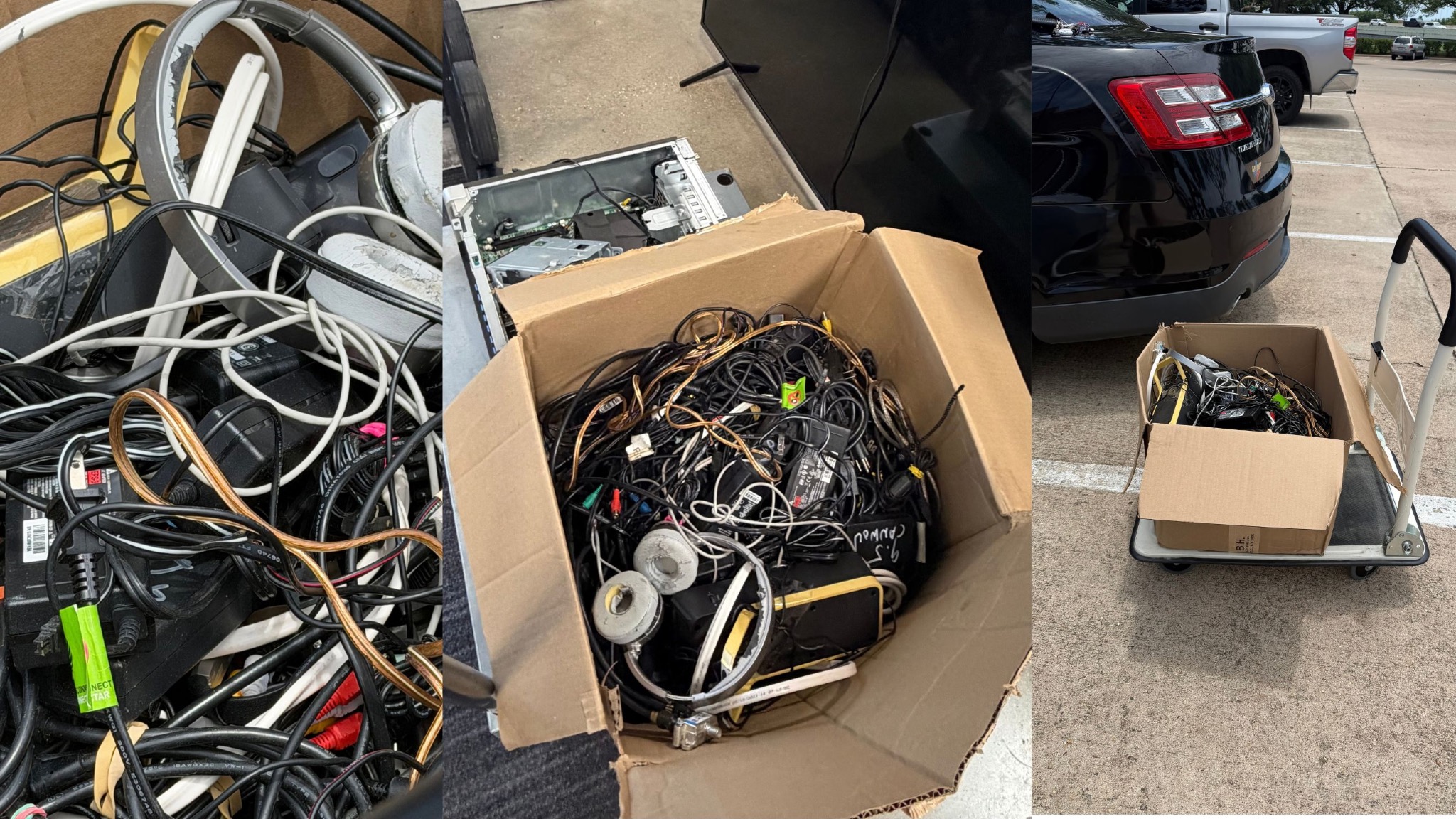 Three photos of retired cables and electronics packed in a box and loaded onto a cart for recycling